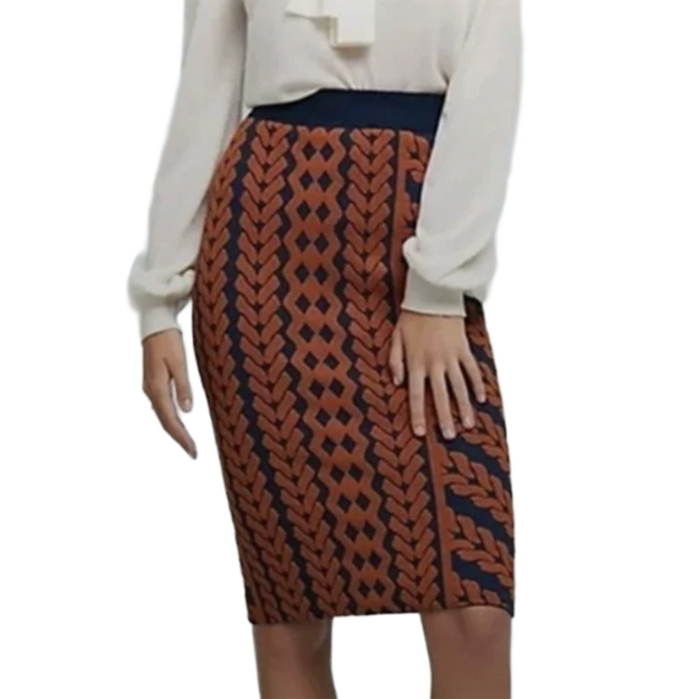 MAEVE Cable Knit Motif Knee Length Pencil Skirt • Medium • navy blue, orange - Picture 2 of 8